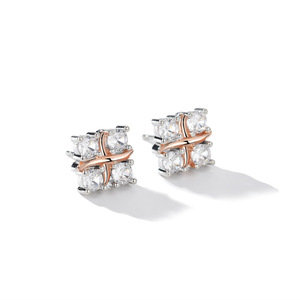 Stud Earrings S925 Silver Two Tone Four Diamond Geometric Design For Men And Women - Product Image 4