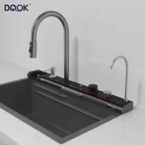 Complete Whole Set Single Slot Multifunction LED Digital Display Waterfall Anti-Scratch Kitchen Sink 304 Stainless Steel Sinks