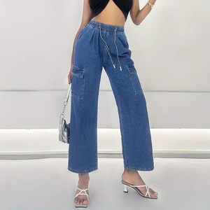 Jeans da Donna Taglia Grande, Comodi <span class=keywords><strong>con</strong></span> Vita Elastica e Coulisse, Gamba Larga <span class=keywords><strong>con</strong></span> Tasche a Patta - Product Image 1