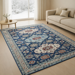 Tapis en laine fait main de style persan 3D, motif géométrique audacieux, style kazakh traditionnel pour salon, noué à la main - Product Image 1