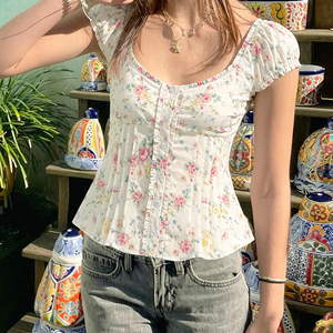 Blusa de Manga Corta con Encaje para Mujer, Cuello en V, Botones al Frente, Plisada, Informal, para Oficina, Trabajo, Verano, Transpirable y Ecológica - Product Image 2