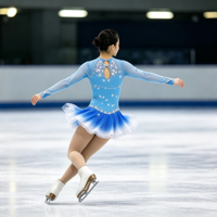 Robe de patinage artistique à manches longues dégradé bleu et blanc, dos ouvert avec découpe en goutte d'eau, jupe ornée de strass pour filles adultes, compétition et performance