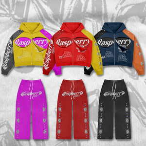 Ensemble de survêtement à capuche color block framboise avec fermeture éclair intégrale, coupe ample, style streetwear, sweat-shirt et pantalon avec logo imprimé - Product Image 1