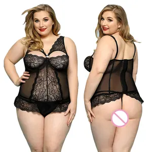 Grote Vrouwen Zwart Doorschijnend Mesh Sexy Bustier Plus Size Sexy Lingerie Corset Tops Met String