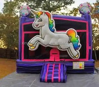 Château gonflable commercial 4x4m avec toboggan, motif licorne arc-en-ciel scintillant en PVC, facile à monter pour enfants