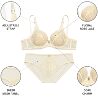 Ensemble soutien-gorge à armatures et culotte en dentelle noire, avec empiècement en dentelle rose, dos en résille, bretelles réglables, pour femme, doux et confortable au quotidien