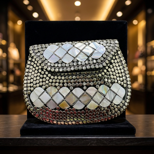 Chic Black And <b>Silver</b> Brass <b>Clutch</b> With Diamond Pattern And White Stone Accents Designer Handmade Evening Purse | Resin Crafts - Product Image 1