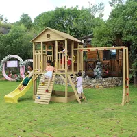 Casa de juegos de madera de pino para niños, casa de juegos de tren para niños, set de juegos al aire libre