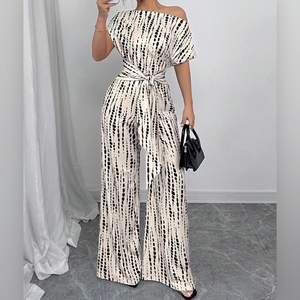 Mono de verano para mujer con hombros descubiertos, lazo frontal, pierna ancha y rayas, a la moda - Product Image 1