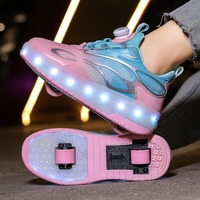 Nouvelles chaussures à roulettes KJ 2027 transfrontalières, à une rangée de roues en caoutchouc PU, antidérapantes, avec éclairage LED, rechargeables par USB, en tissu PU maillé pour le patinage