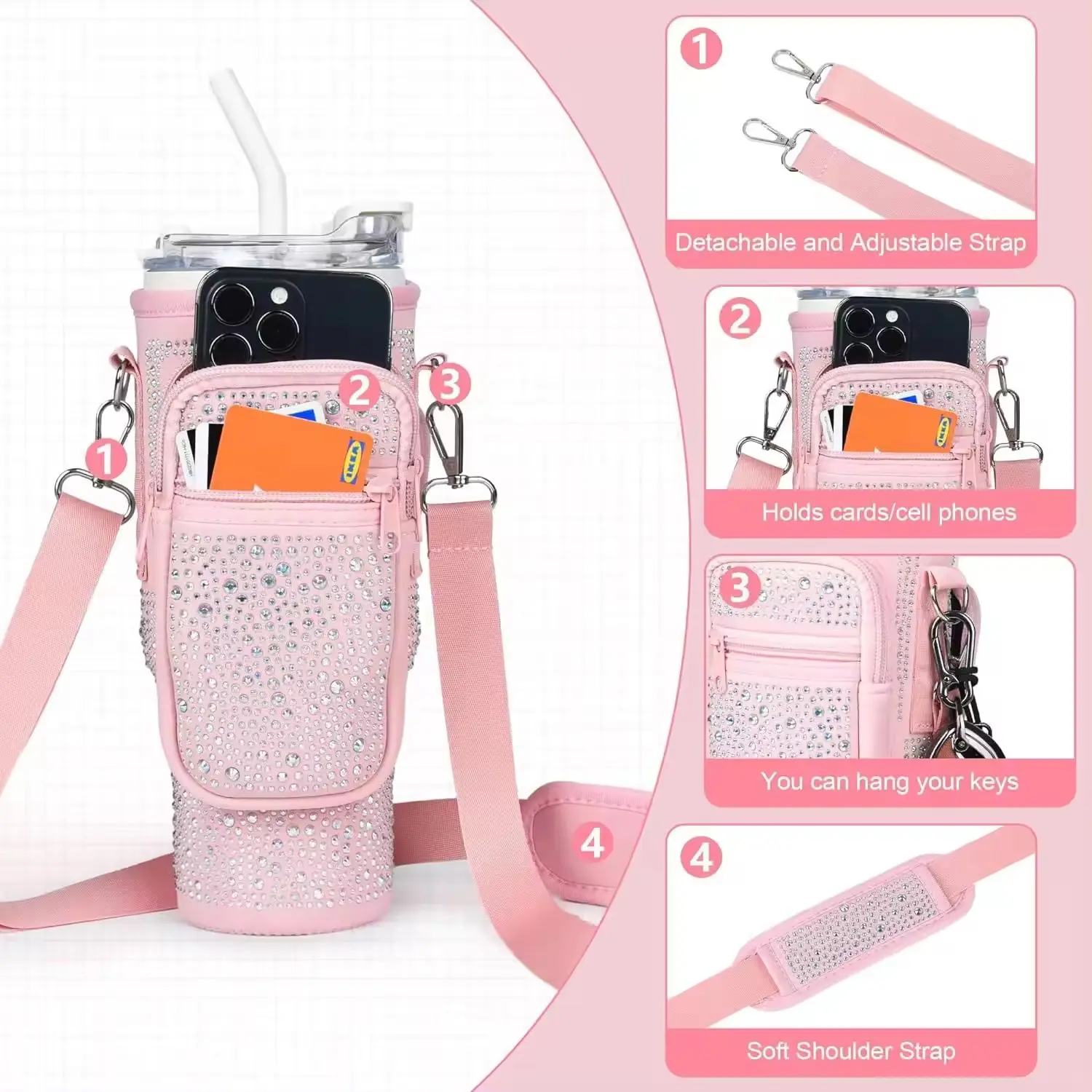 Bling Shiny Rhinestone Neopreno 30 40oz Botella de agua Portador Funda Vaso Stanleydrink Cup Sling Bag Cremallera Bolsillo para teléfono