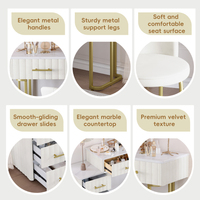 Coiffeuse moderne en velours avec miroir LED, chaise rembourrée, table de maquillage réglable gauche/droite avec rangement, beige, pour hôtel