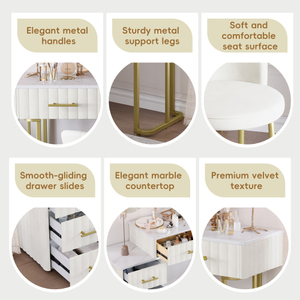 Modern Velvet Upholstered <b>Vanity</b> Desk LED <b>Lighted</b> Mirror Chair Padded Chair Dressing Table Left/Right Adjustable Storage Beige - Product Image 5