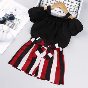 Conjunto de Ropa de Verano para Niñas de 2 a 6 Años, Top Negro y Blanco Sólido con Rayas, Conjunto de 2 Piezas de Camiseta y Pantalones Cortos para Niñas - Product Image 6