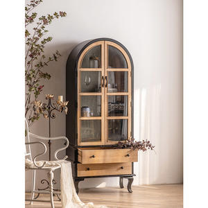 Lemari Kayu Solid Retro Gaya Farmhouse, Bufet Lengkung, Lemari Anggur, Lemari Tinggi untuk Ruang Tamu - Product Image 1