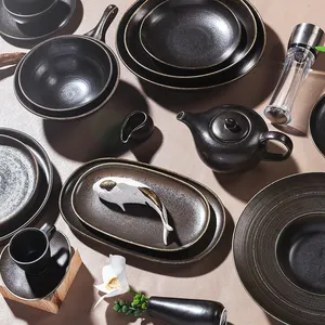 Ensemble de vaisselle en céramique de style arabe antique en gros, assiettes et bols, pour restaurant occidental, vaisselle en porcelaine noire - Product Image 5