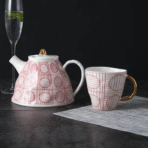 Set da Tè e Caffè in Stile Giapponese in Porcellana Ecologica, <span class=keywords><strong>Teiera</strong></span> <span class=keywords><strong>Rossa</strong></span> con Logo Personalizzato, 6 Tazze e Piattini, Tazze da Tè Dorate per Cerimonia del Tè - Product Image 1