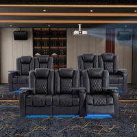 Canapé inclinable électrique classique 5 places en cuir pleine fleur avec appuie-tête réglable, ports USB Type-C, porte-gobelets LED et structure métallique
