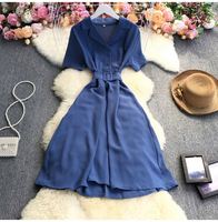 2022 été corée femmes Blouse chemise robe a-ligne à manches courtes col en v genou longueur plage couleur unie mode dame tenue décontractée