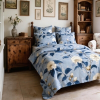 Ensemble de literie moderne pour lit queen-size en coton 100% 300 fils/cm² avec motif végétal réversible, housse de couette, drap et taies d'oreiller - Utilisation toutes saisons