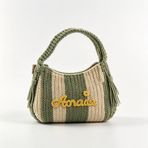 Sac à main tricoté rayé jaune beige personnalisé, petit sac à bandoulière au crochet, sac à main tricoté avec broderie lettre cœur - Product Image 4