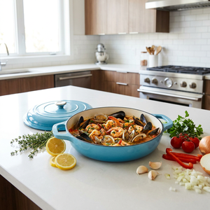 Marmite à fruits de mer <span class=keywords><strong>en</strong></span> <span class=keywords><strong>fonte</strong></span> émaillée de 30 cm |   Casserole plate <span class=keywords><strong>en</strong></span> <span class=keywords><strong>fonte</strong></span> avec couvercle |   Ustensiles de cuisine robustes compatibles induction - Product Image 4