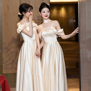 Satin Bridesmaid Dresses Champagne Color A-Line Scoop Neck Natural Waistline Simple Style For Wedding Party - Product Image 5