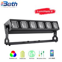 LumiHalo 6 Barre de lumière sans fil à batterie 6x18W RGBWAUV LED avec anneau Halo en acier inoxydable IP33, contrôle DMX et Wi-Fi via application 10