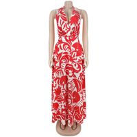 Robe longue maxi pour femme à imprimé floral tropical, col halter, décolleté en V profond, dos nu croisé, taille à nouer, pour les vacances, la plage et les occasions décontractées