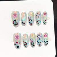 Faux Ongles Ovale à Presser Effet Aurore Étoile Cœur Pailleté Scintillant Faits Main Doux et Rêveurs Irisés – Lot de 10 Pièces