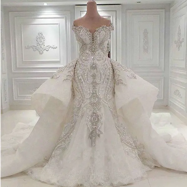 2022 Luxury Beaded Mermaid Wedding Dress With Detachable Overskirt Sparkly Crystals Diamonds Bridal Gowns