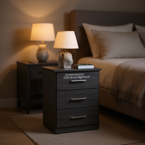 Comodino Grigio Chic Contemporaneo con 3 Cassetti, Arredamento Moderno per Camera da Letto con Piano in Legno - Product Image 2