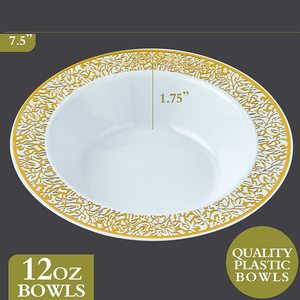 Assiettes en plastique jetables dorées creuses de 12 oz, 7,5 pouces de profondeur, design moderne, vaisselle en PP métallique pour fête, assiettes à salade, à soupe, à dîner gravées - Product Image 2