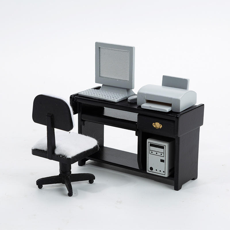 Black table and chair (computer mouse keyboard host printer)