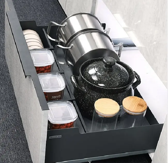 Black Kitchen Cabinet Pull Rail Basket Drawer Pots Cookware Tableware Cereal Boxes Jars Wok Saucepan Storage Rack Organizer