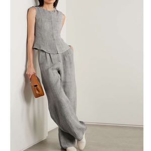 OEM Custom Brand Logo Women's <b>Linen</b> Blended Full length Casual <b>Set</b> Daily Wear Striped <b>Linen</b> Vest and Pants 2 Piece <b>Set</b> - Product Image 1