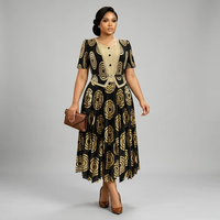 Robe Midi Plissée de Soirée Élégante à Taille Empire, Imprimé Anneaux Concentriques Dorés, Haute Élasticité, Courte, Collection Source Factory