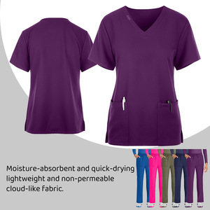 Women V-Neck Scrub Tops And Pants Set Moisture Wicking Knitted Two Piece Medical Uniforms For Nurses Doctors Rose Red Royal - Product Image 3