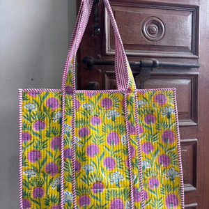 Bolso Tote de Algodón Acolchado con Estampado Artesanal, Bolso de Hombro para Compras, Bolso Tote Geométrico Multicolor con Forro de Algodón Floral Jaal - Product Image 1