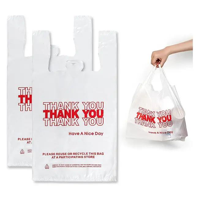 T-Shirt 11X20 inci tas belanja pegangan kaus plastik terima kasih bawa pulang tas belanja untuk restoran Supermarket