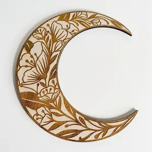 热卖巫术神秘墙壁装饰激光雕刻新月花卉月亮木标志波西米亚装饰艺术