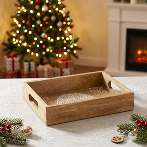 Plateau carré en bois naturel FAIZA CRAFT, motif Art Déco, fait main, avec poignées, pour servir et décorer la maison - Product Image 1
