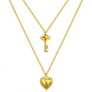 Collier à double couche avec pendentif clé et cœur en acier inoxydable pour femme, bijou à porter au quotidien, idéal comme cadeau - Product Image 1