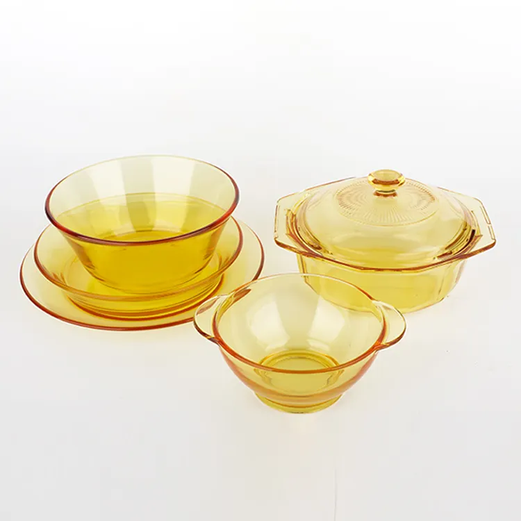 Utensílios de mesa de vidro de cor amarela de qualidade alimentar de alta qualidade, conjunto de tigelas de vidro para salada de alimentos, utensílios de cozinha de vidro de venda quente