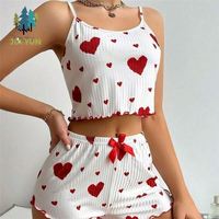 Heißer Sommerschlussverkauf Damen Sexy Weißes Gestricktes Pyjama-Set mit Herzmuster Cami & Shorts Damen-Nachtwäsche 2-teilig