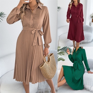<span class=keywords><strong>Robe</strong></span> plissée élégante unie à revers et manches longues, cintrée à la taille, style européen et américain, collection Printemps/Été 2026, pour femme - Product Image 2