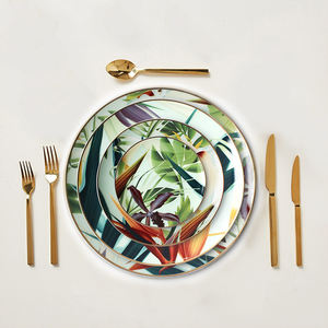 Tropical Color Flower Leaf <b>Dinner</b> Charger <b>Plate</b> Set for Summer Bohemian Wedding Party <b>White</b> Bone China and Gold Crockery - Product Image 6
