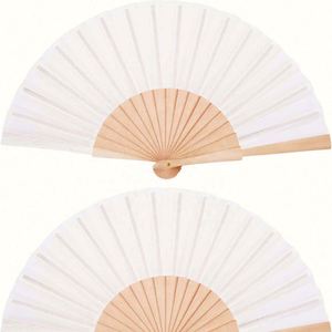 Abanico Plegable de Madera y Tela Blanco de 23 CM con Logotipo Grabado en el Mango, Abanico Artesanal de Madera para Bodas - Product Image 1