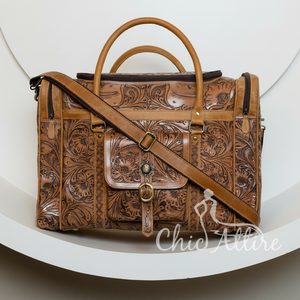 คอลเลกชันใหม่ล่าสุดวินเทจตะวันตก cowhide แกะสลักเดินทาง Duffel ทำด้วยมือสีน้ำตาลโบราณขนาดใหญ่กระเป๋าเครื่องมือในสัปดาห์ - Product Image 1