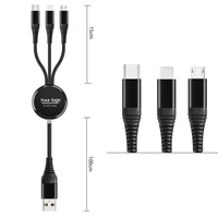 Câble de charge rapide USB 3A lumineux 3-en-1 de 1 m, personnalisable avec logo, pour cadeaux promotionnels d'entreprise
